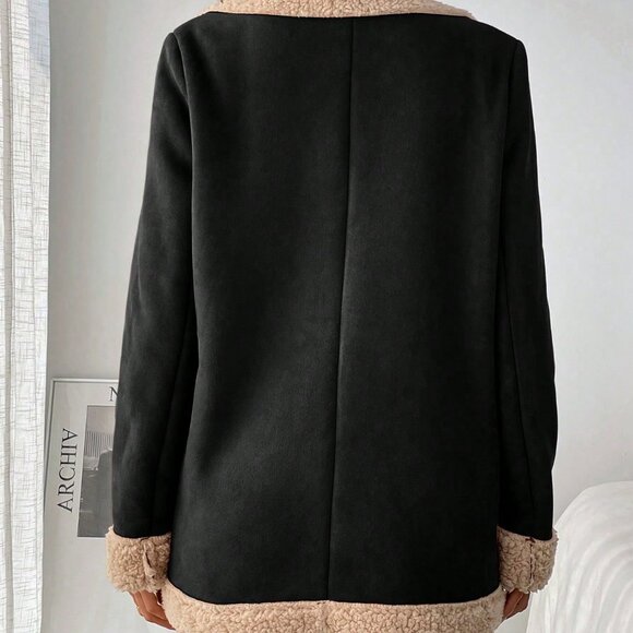 Black Casual Women's Fluffy Colorblock Warm Jacket - Picture 5 of 8